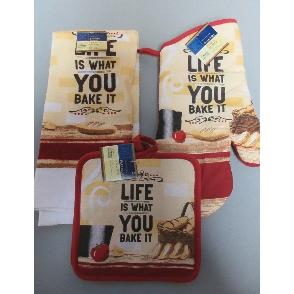 Kitchen Towel Set 4 Piece - Pot Holders, Oven Mitt and Cotten Kitchen Towel SET